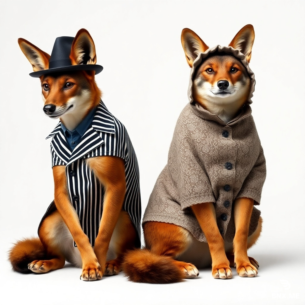 a seated male jackal, fit and slim, weaing a smart hat and a pin-striped dog coat and a female jackal, seated, very much overweight with a bonnet and a lacey dog coat