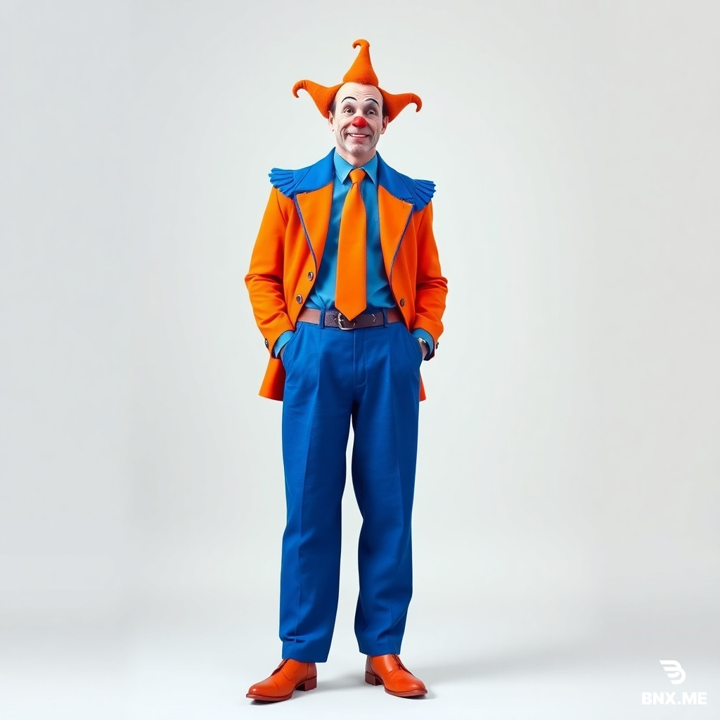 A full-body portrait of a person wearing a whimsical clown costume. The costume consists of: baggy blue jodhpur pants that are wide at the hips and tight at the calves, a blue dress shirt, a bright orange necktie, an orange jacket with extremely wide and exaggerated shoulder pads, and orange Cossack-style leather boots with pointed toes. The person is standing in a confident pose against a simple studio background. Vibrant circus colors, soft diffused lighting, high detail on fabric textures. Realistic digital art style, 8k resolution.