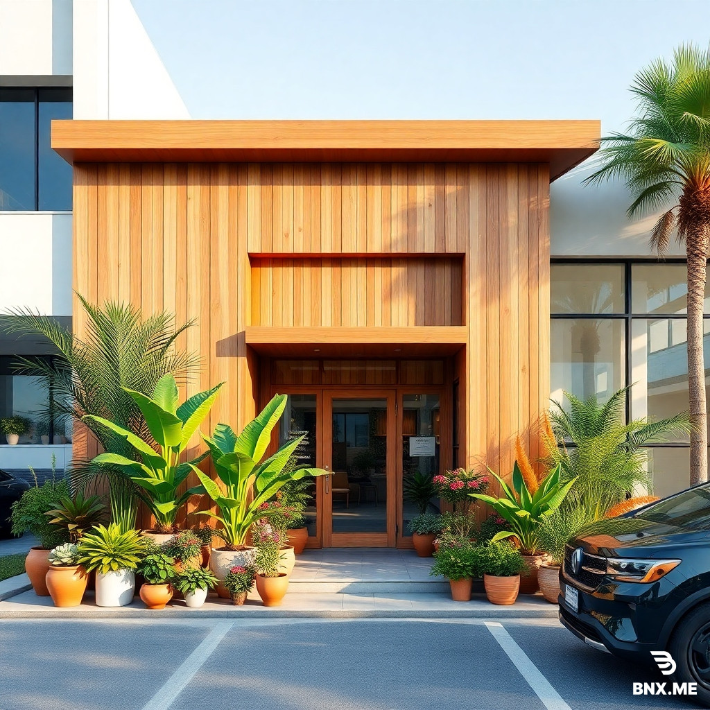 A sophisticated flower shop with a boho-style wooden entrance, warm-colored terracotta and ceramic flowerpots, lush exotic tropical plants arranged outside, a sleek modern building with large floor-to-ceiling glass windows, a clean parking area with a few stylish cars, bright and airy atmosphere, abundant natural daylight, elegant architectural design, premium landscaping, inviting storefront, photorealistic, ultra-detailed, cinematic lighting, 8K architectural visualization, realistic textures, vibrant flowers, luxury retail exterior.