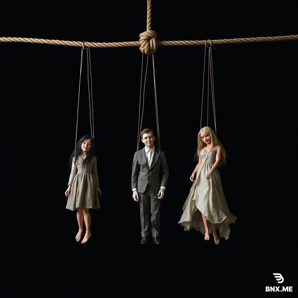 A professional theatrical poster design in vertical portrait format with a 2:3 aspect ratio. The background is completely pure black, creating a dark, minimalist, and haunting atmosphere.  At the top of the frame, a single thick rope stretches horizontally across the width. From this main rope, three separate ropes descend downward in an M-shaped formation. At the exact center point of the horizontal rope, a single tight overhand knot (a granny knot) secures all three descending ropes together before they spread out and hang down in the distinctive M-shape.  From each of these three ropes, a life-sized marionette puppet is suspended by the neck, as if hanged: - Left rope: a female puppet with long dark hair, wearing a tattered vintage dress. - Center rope: a male puppet with short disheveled hair, wearing a worn-out formal suit. - Right rope: a female puppet with long flowing light hair, wearing a torn theatrical gown.  The puppets are completely limp, lifeless, and motionless. Their bodies hang straight down with no tension. Their heads are tilted slightly forward, arms dangling loosely at their sides, feet pointing downward. Their faces are expressionless, with half-closed or empty eyes, creating a sense of stillness and finality.  The overall mood is dark, tragic, eerie, and deeply theatrical. It evokes a sense of melancholy, loss, and surreal drama. It is NOT meant to be gory, bloody, or horror-like—it is poetic, symbolic, and emotionally heavy, like a scene from a dark metaphorical play.  A dramatic single spotlight shines from directly above, casting a focused beam of light that illuminates only the horizontal rope, the central knot, the three hanging ropes in their M-shape, and the three suspended puppets. The rest of the composition, including the bottom area, remains in deep, impenetrable shadow, creating a high-contrast chiaroscuro effect.  The visual style is cinematic, photorealistic, and highly detailed. The texture of the ropes, the folds of the puppets' clothing, the shadows on their faces, and the subtle dust particles in the light beam are all rendered with 8k precision. The poster is designed to evoke a theatrical, symbolic, and emotionally resonant mood, suitable for a dramatic stage production.