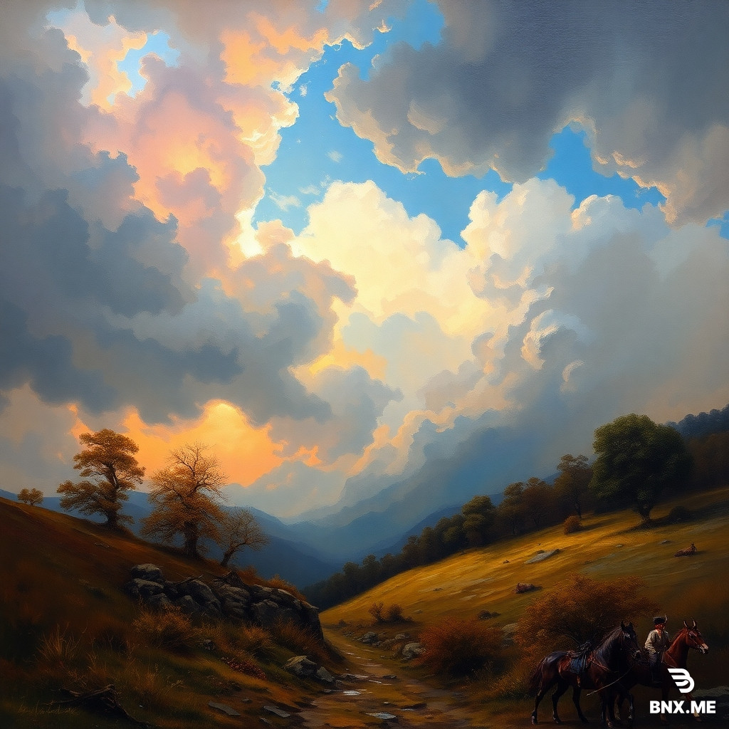 Romanticism painting, emotional intensity, dramatic skies, powerful nature scenes, expressive brush strokes, warm deep colors, inspired by Caspar David Friedrich