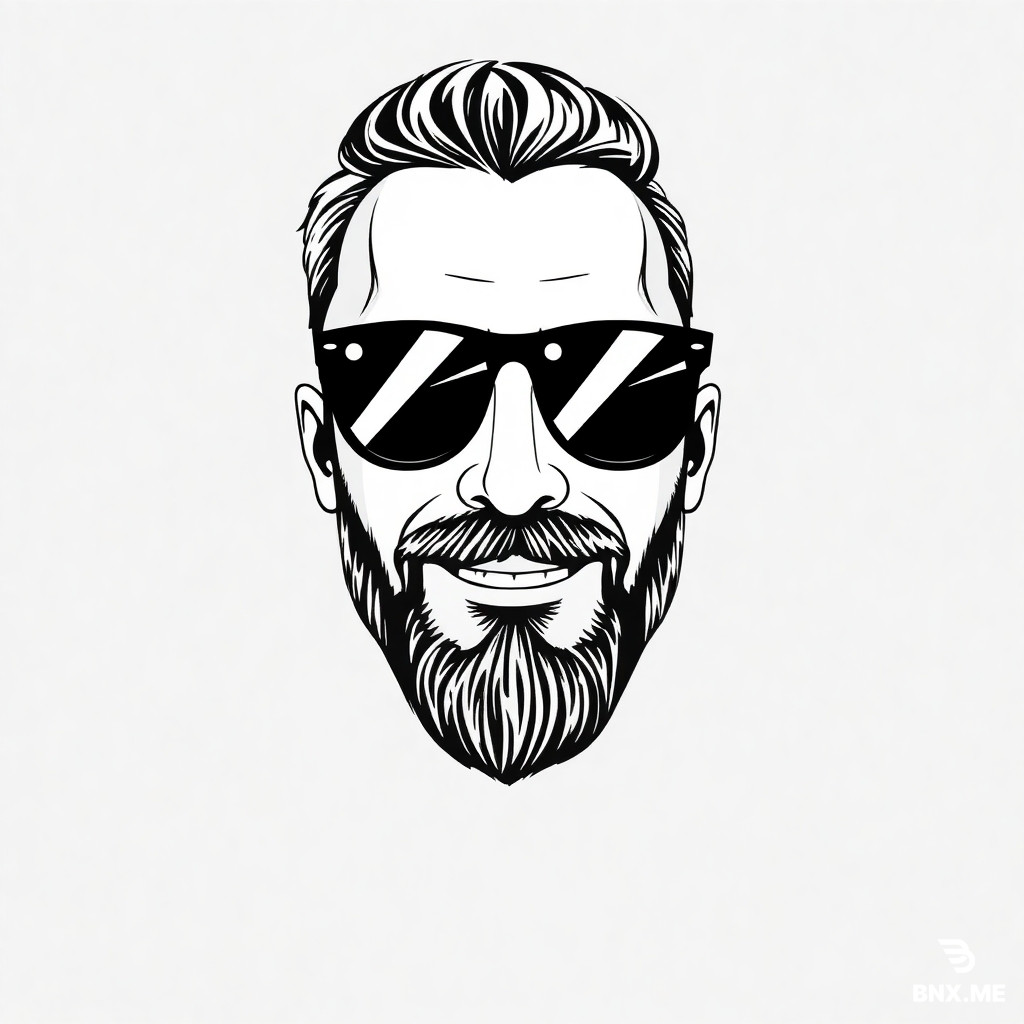 Stilizzata, bianco e nero, primo piano di un uomo sorridente, barba curata a punta, occhiali stile Ray-Ban (montatura sottile, lenti trasparenti, non da sole). Tratto minimale e pulito, linee nette, senza sfondo o sfondo neutro, illustrazione vettoriale, disegno in bianco e nero ad alto contrasto