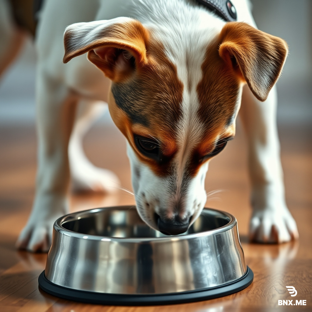 A highly realistic, photographic close-up of a purebred Jack Russell Terrier looking down at a silver metal dog bowl. The dog has a wedge-shaped head, folded V-shaped button ears, and a coat with a white body anddark brown patches over the eyes. Short, sturdy, athletic legs. Smooth-coated. Photorealistic lighting, shallow depth of field, wooden floor, 8k