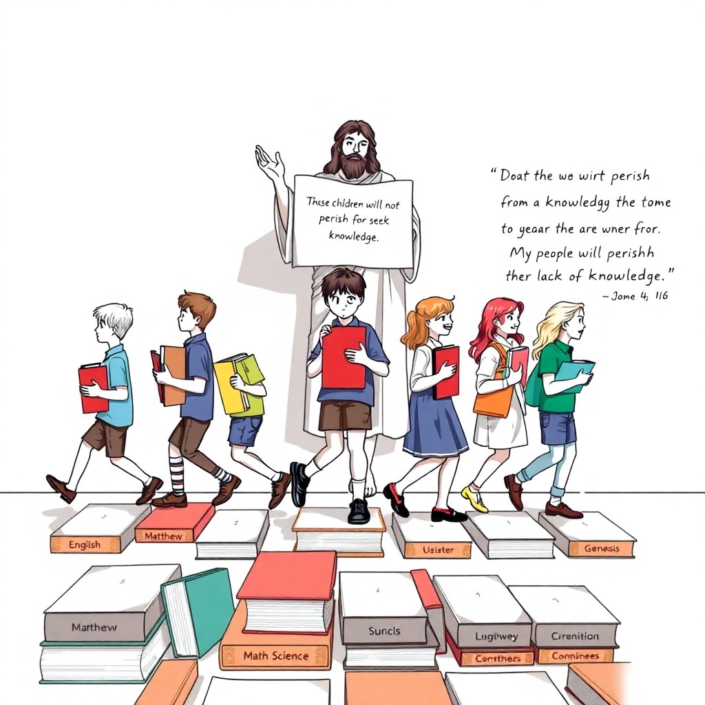 Create images of boys and girls of various ages from 4-16 carrying books  as they walk along a path made up of of books. These books should have titles on them that say English, Math, Science, Matthew, Luke, Mark, Corinthians, Genesis,  with Christ holding a banner behind the students shadowed at 10% opacity  on the wall behind the students stretching from the book path to the ceiling the banner that Christ figure is holding is to read “ these children will not perish for they seek knowledge” in right hand corner of the wall should be the passge from the bible that states “ My people will perish from lack of knowledge. The Chriist figure should be place behine the children standing from top of book path to ceiling. The drawing should be scaled to 4.5” x 17” long and should be produced in a vector file for scaling. the children should be dressed in Royal Palm Academy uniforms.