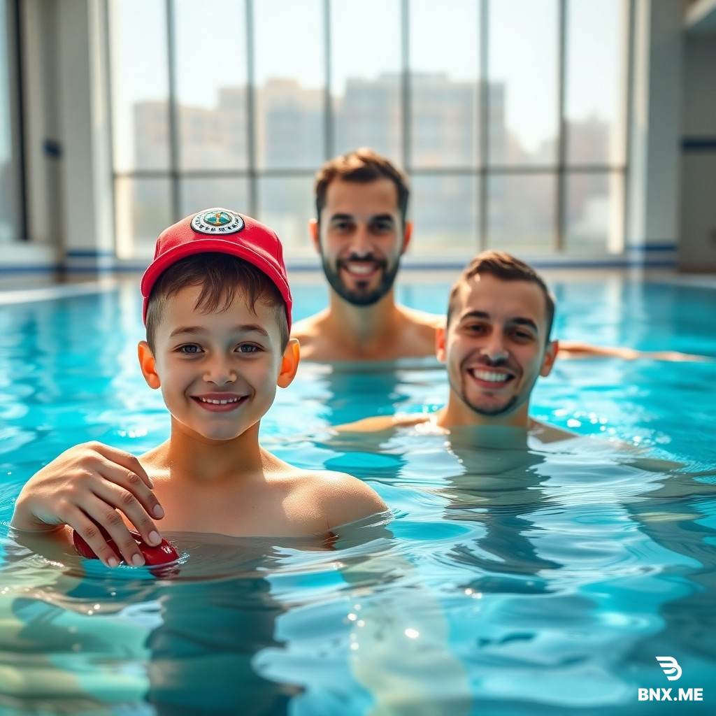 Professional advertisement photograph for men private swimming training lessons, targeting both children and adults in an upscale modern residential area of Tehran (Shahrak e ghar - Sadat Abad ). Close-up shot of a smiling professional lifeguard instructor (wearing a red cap with a lifeguard logo) teaching a happy young child and a male adult student in clear blue indoor pool water. The instructor's face radiates trust, safety, and expertise, with one hand gently guiding the child's arm and the other hand holding a rescue tube nearby to emphasize safety. The adult student is confidently learning a stroke technique in the background, creating a layered composition. Bright, warm natural daylight streaming through large floor-to-ceiling glass windows, reflecting off the water surface, creating sparkling light patterns. Modern minimalist pool environment with white and blue tiles, clean and luxurious atmosphere. All three subjects have genuine, joyful expressions, making the scene feel inviting and safe. Photorealistic, commercial advertising style, shallow depth of field focusing on the smiling faces, soft bokeh background, high resolution, 8k, shot on Canon EOS R5 with 85mm lens, f/1.8 aperture for creamy background blur. Color palette: aqua blue, white, warm golden sunlight. Ample negative space on the left side and bottom for inserting promotional text (such as "Private Swimming & Lifeguard Courses – West Tehran" or contact details). The image should convey professionalism, safety, personalized attention, and a premium local service. No visible pool brand names or external logos. Aspect ratio: 16:9 (landscape) for social media and print ads.