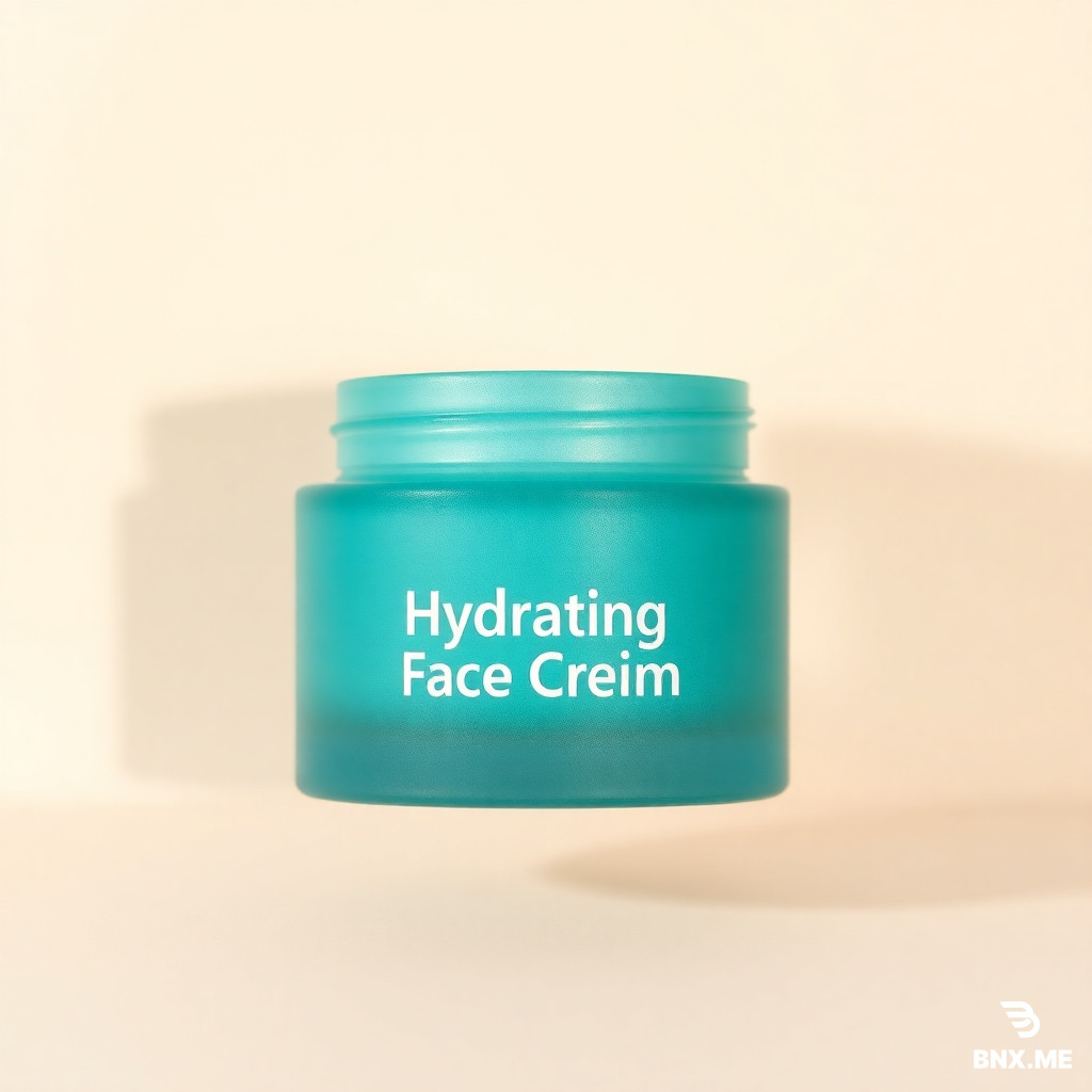 A professional e-commerce product photography shot of a luxury skincare jar. The jar is made of frosted teal-blue glass with a clean metallic silver cap. The jar contains a "Hydrating Face Cream". The background is a clean, minimalist studio setting with soft, warm cream-colored undertones and gentle shadows. High-end cosmetic branding style, soft studio lighting, ultra-realistic texture.