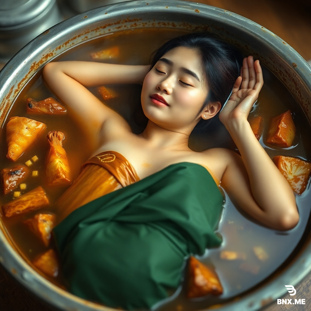 A beautiful high school Eastern Asian maiden lying in a big soup pot,whose body cut into roasted pieses,eyes closed,skin color turned into extremely roasted brown,as real as photo,full of reality