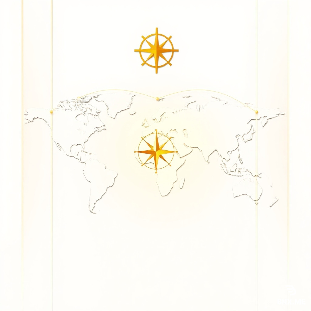 Minimalist abstract composition representing global trade and sourcing. Subtle world map with golden connection lines linking major trade hubs across continents. Golden compass and delicate shipping route lines in background. Elegant architectural panels in warm neutral tones framing the composition. Clean white and cream background, rich golden light radiating from center. High end corporate design, photorealistic, 8k, ultra detailed, sharp focus. Global, trustworthy, premium, sophisticated, international, visionary atmosphere. No people, no text, no cluttered elements, no dark or gloomy tones.
