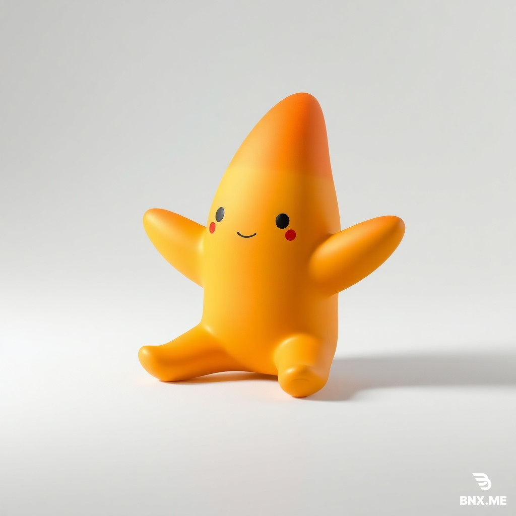 A 3D collectible vinyl toy figure based on a cute starfish character. Keep the exact original toy-like proportions and seated pose from the reference image: rounded limbs, simple body, soft minimal shapes. Do not change body structure or add clothing or accessories. Remove any skirt or clothing elements completely. The figure has a smooth soft matte vinyl surface like a designer toy collectible. The face is minimal and clean: small dot eyes and a tiny simple mouth, calm neutral expression, centered and symmetrical. Replace any previous face design completely. The character design is a starfish-inspired creature with a color palette of warm orange, soft yellow gradients, and subtle red accents that look like hand-painted watercolor brush strokes applied onto the vinyl surface (but still physically a toy paint finish, not paper or illustration texture). The paint effect should look like slightly uneven hand-applied paint blending naturally into the toy surface, giving an artistic handmade feel while still clearly being a manufactured collectible figurine. Lighting: clean studio product photography, white background, soft shadows, high-end collectible toy catalog style. No cartoon illustration style. No plush texture. No ceramic texture. Pure vinyl designer toy aesthetic.