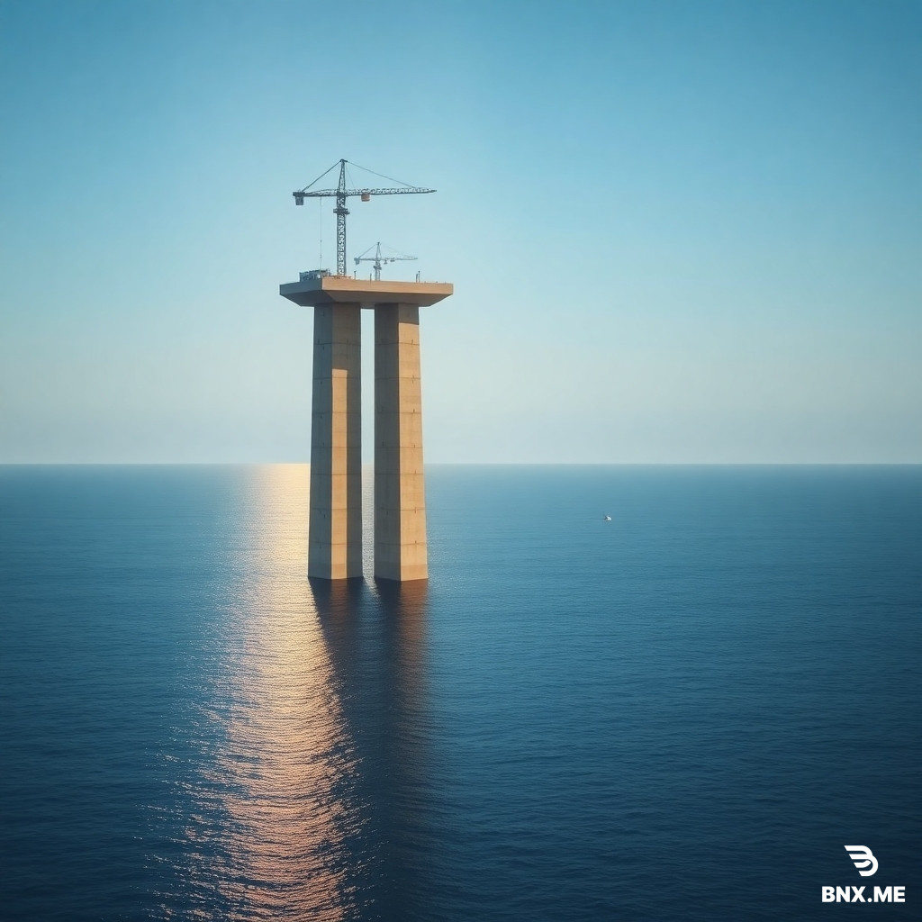 mmassive concrete bridge pillar emerging from deep blue sea morning light construction photorealistic