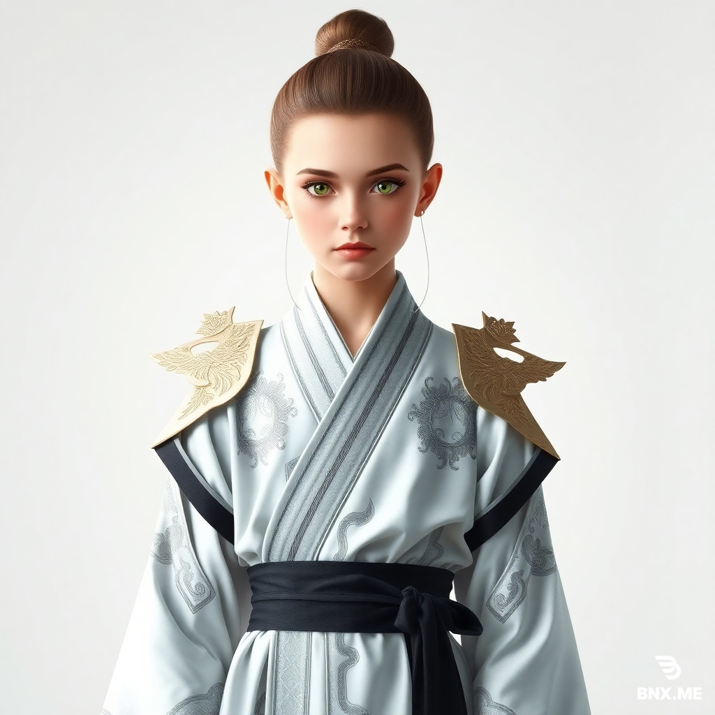 Create an image of a young, ethereal figure standing confidently in a traditional, yet fantastical attire. The subject has a delicate, androgynous appearance, with striking green eyes that convey a sense of wisdom and mystery. Their hair is styled in a sleek, high bun, emphasizing their sharp facial features and the elegant lines of their outfit.   The clothing is richly detailed, incorporating a predominantly white and silver color palette, which contrasts elegantly with subtle hints of gold embellishments. The robe-like garment features intricate patterns and designs that suggest a blend of ancient and otherworldly influences. The fabric appears to flow gracefully, with a soft sheen that catches the light, creating an almost luminescent quality. The shoulders are adorned with ornate, wing-like shoulder pads that add a regal touch to the ensemble, while the waist is cinched with a wide, black sash, accentuating the figure's slender silhouette.  The background should be minimalistic, allowing the character to stand out prominently. A soft, diffused light illuminates the scene, casting gentle shadows that highlight the textures of the clothing and the contours of the figure's face. The atmosphere is serene and mystical, evoking a sense of wonder and enchantment.   Capture the essence of a high-fantasy art style, reminiscent of traditional Asian art fused with contemporary digital illustration techniques. The brushwork should reflect a blend of precision and fluidity, with clean lines defining the character’s features and garment, while softer strokes add depth and dimension.  Incorporate a subtle gradient in the background, perhaps transitioning from a pale color at the top to a deeper, muted shade towards the bottom, enhancing the overall ethereal quality of the composition. This gradient should complement the color scheme of the character’s attire, enhancing the sense of harmony and unity in the image.  The character's expression should be calm yet enigmatic, with a slight, knowing smile that invites the viewer to ponder their story. The eyes should be particularly expressive, drawing attention and conveying a sense of depth and significance.  Overall, aim for a balanced composition that draws the viewer’s eye directly to the character while maintaining a cohesive aesthetic that highlights the fantastical elements of their attire and the serene atmosphere surrounding them. The final image should evoke feelings of wonder, intrigue, and admiration, celebrating the beauty of the character as a focal point within an enchanting world.
