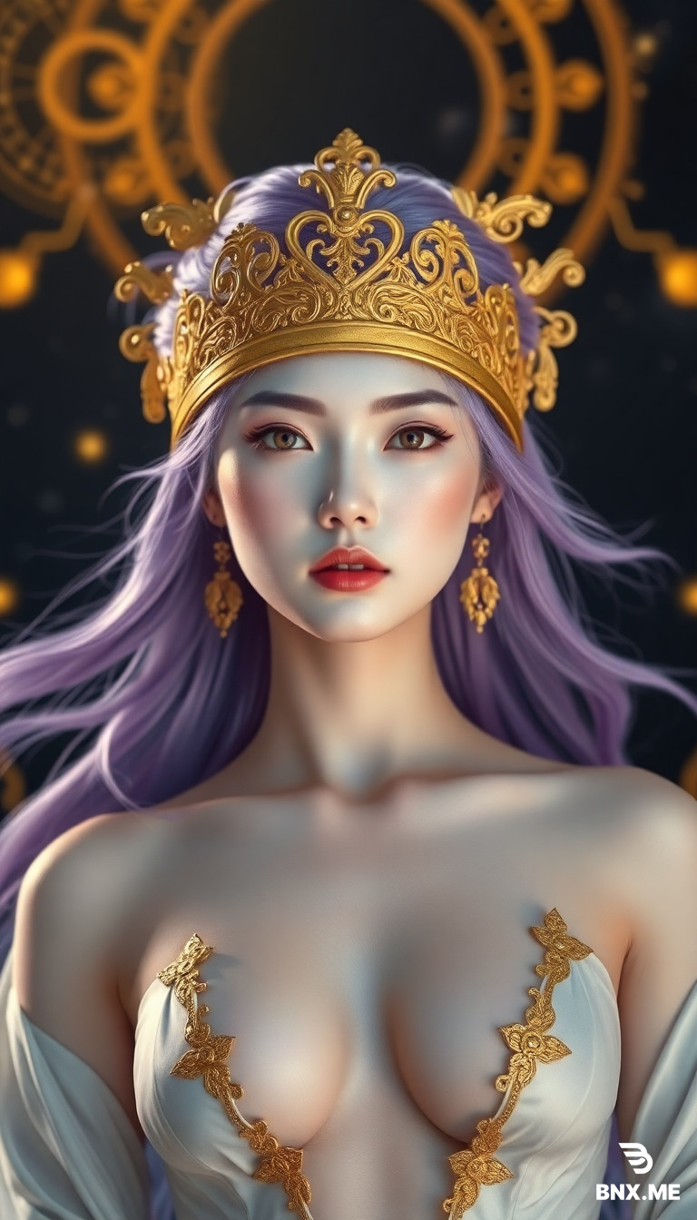 Ultra high definition realistic, 8K, extremely detailed, masterpiece, highest quality, beautiful young Chinese women, delicate facial features, ice white porcelain white skin, fine skin texture, and sweat can be seen clearly.  flowing lavender hair adorned with an ornate golden crown and matching blindfold. She wears an intricate, gold-trimmed white garment that reveals her shoulders. The background is a dark, starry expanse with glowing, circular, golden light patterns radiating from behind her head. Her pale, porcelain skin contrasts with the dark background and golden accents. The image has a soft, almost glowing texture, with delicate, fine details in her hair and clothing. The style is highly detailed and realistic. The naked body is exposed, with obvious collarbones, huge breasts, pink nipples, and an open black silk on the lower body.