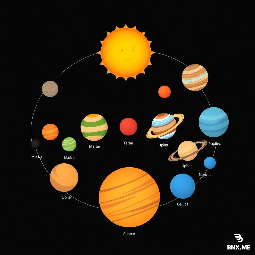 Infografía para niños pequeños sobre el sistema solar. Dibujo estilo cuento, de alta calidad, para imprimir. Muestra el Sol y los 8 planetas en orden. El Sol debe ser grande y amarillo, con una sonrisa. Mercurio es gris y pequeño, Venus es naranja, la Tierra es azul y verde, Marte es rojo, Júpiter es grande y naranja con una tormenta roja, Saturno tiene anillos grandes, Urano es celeste y Neptuno es azul oscuro. Nombres debajo de cada planeta. Fondo negro con estrellas. Formato 3:4.