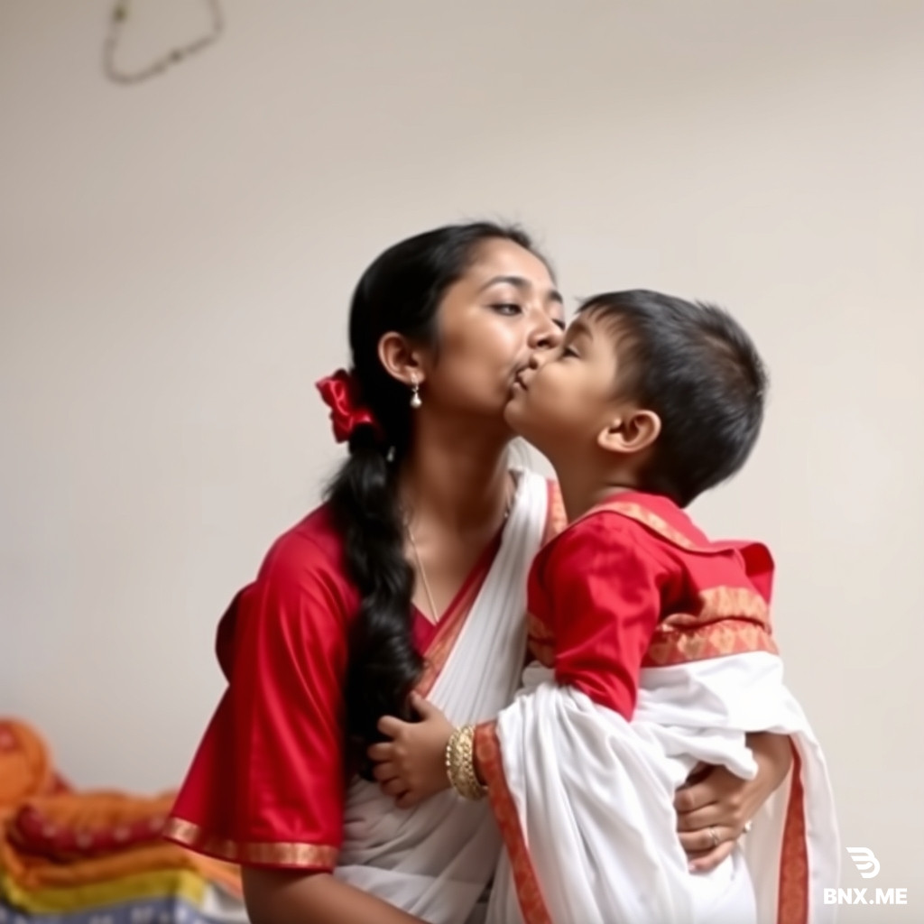 A Bangladeshi girl wearing red blouse without design white saree and nosepin kissing her son