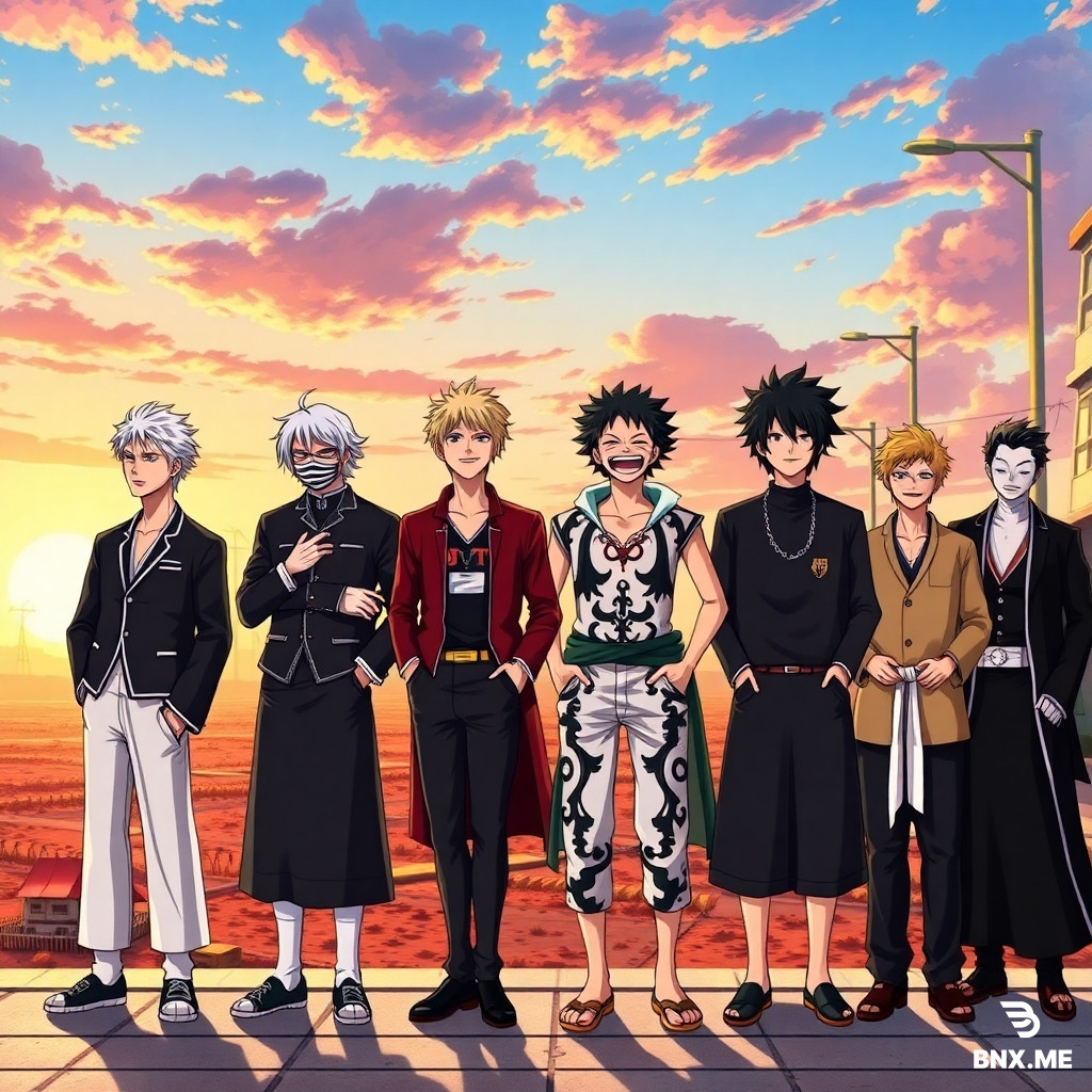 Aizen (Bleach), Gojo (Jujutsu Kaisen), Inosuke (Demon Slayer), Light Yagami (Death Note), Zoro (One Piece), Noel Silva (Black Clover), Obito, and Madara (Naruto) — standing side by side in a single straight line, all laughing together uncontrollably. Each character has their unique traits: Aizen with his mysterious smirk, Gojo with his blindfold slightly tilted and white hair messy, Inosuke wearing his boar mask but laughing loudly from the chest, Light with a mischievous schoolboy grin, Zoro with a rare warm smile, Noel with elegant posture but laughing eyes, Obito and Madara standing shoulder to shoulder with ironic, bittersweet laughter. The background is a surreal sunset battlefield mixed with a modern city street, symbolizing peace after conflict. The atmosphere is warm, joyful, and epic. Art style: vibrant anime illustration, cinematic lighting, high detail, colorful, group portrait, dynamic expressions, studio-quality render.with there real faces and masks lfully deatailed
