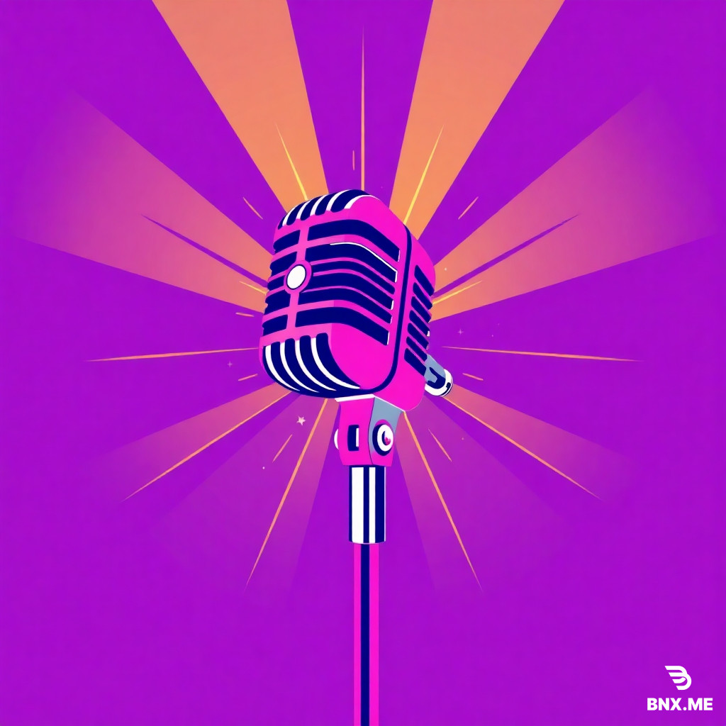 "Illustrazione astratta geometrica a colori vivaci. Un microfono da stand-up comedy che si scioglie o si trasforma in un fiore stilizzato dai petali arcobaleno. Sfondo minimalista metà viola notte metà magenta acceso."
