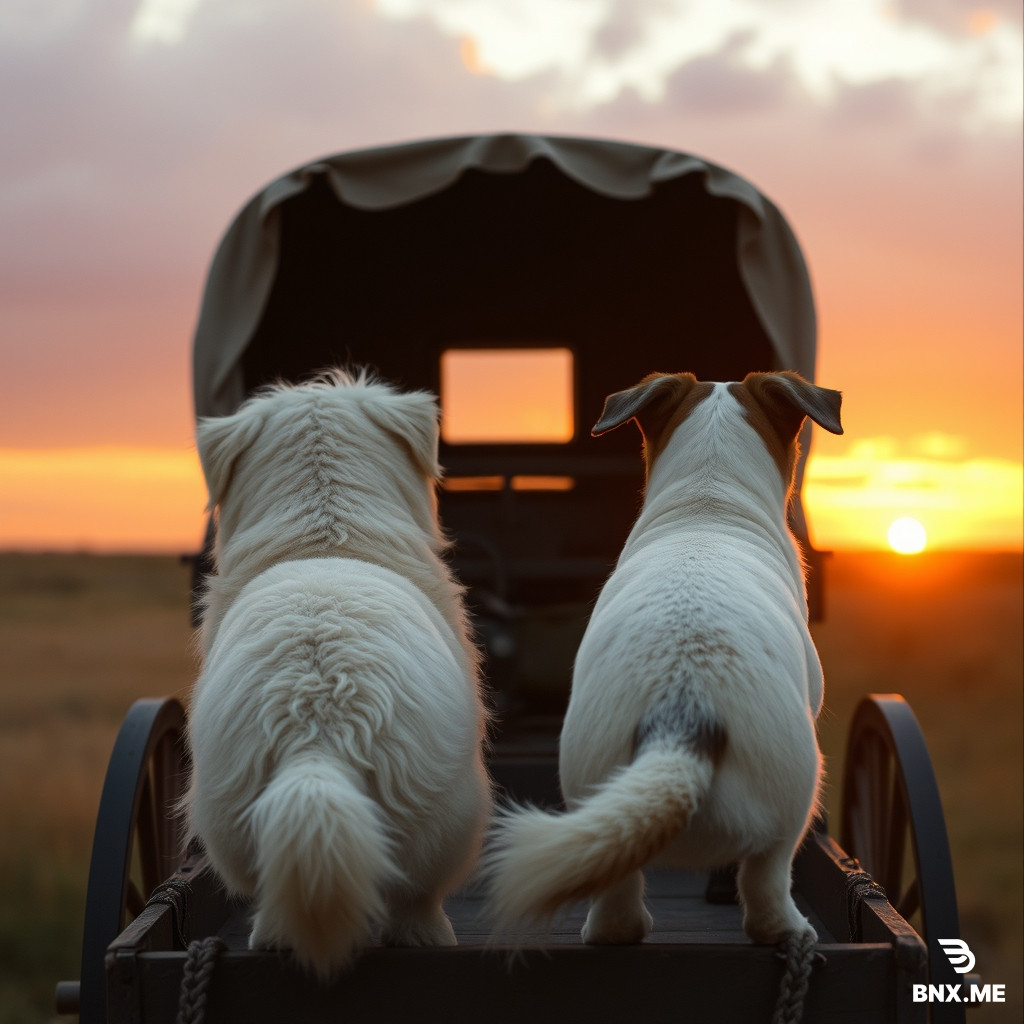 Two dogs from behind on a cart at sunset. White fluffy dog and white dog with brown ears. No humans. 1880s prairie.