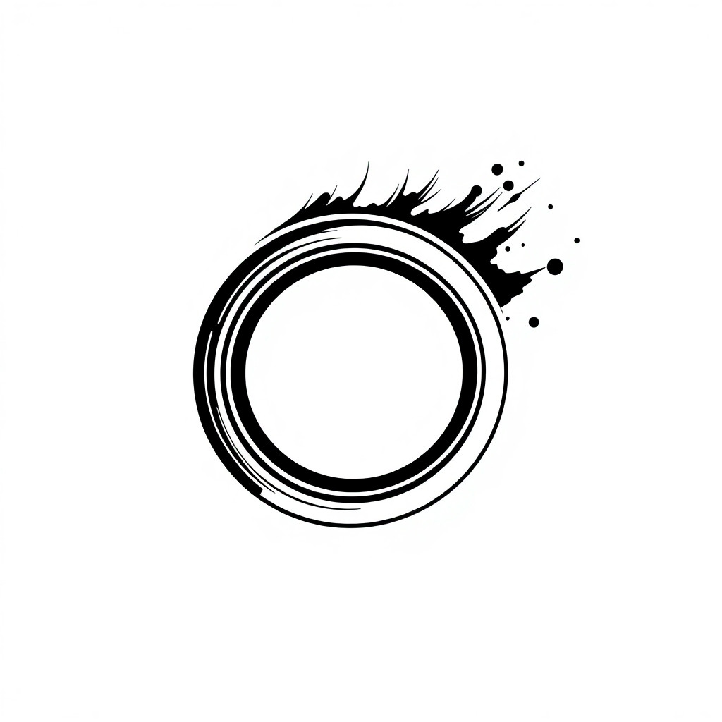 Abstract logo for a band photographer. A minimalist outline of a camera lens. The top half of the lens rim dissolves into dynamic, fast speed lines or abstract dust motes. Kinetic energy, editorial photography branding, vector graphic, black lines on white, modern, rebellious --no text --stylize 250