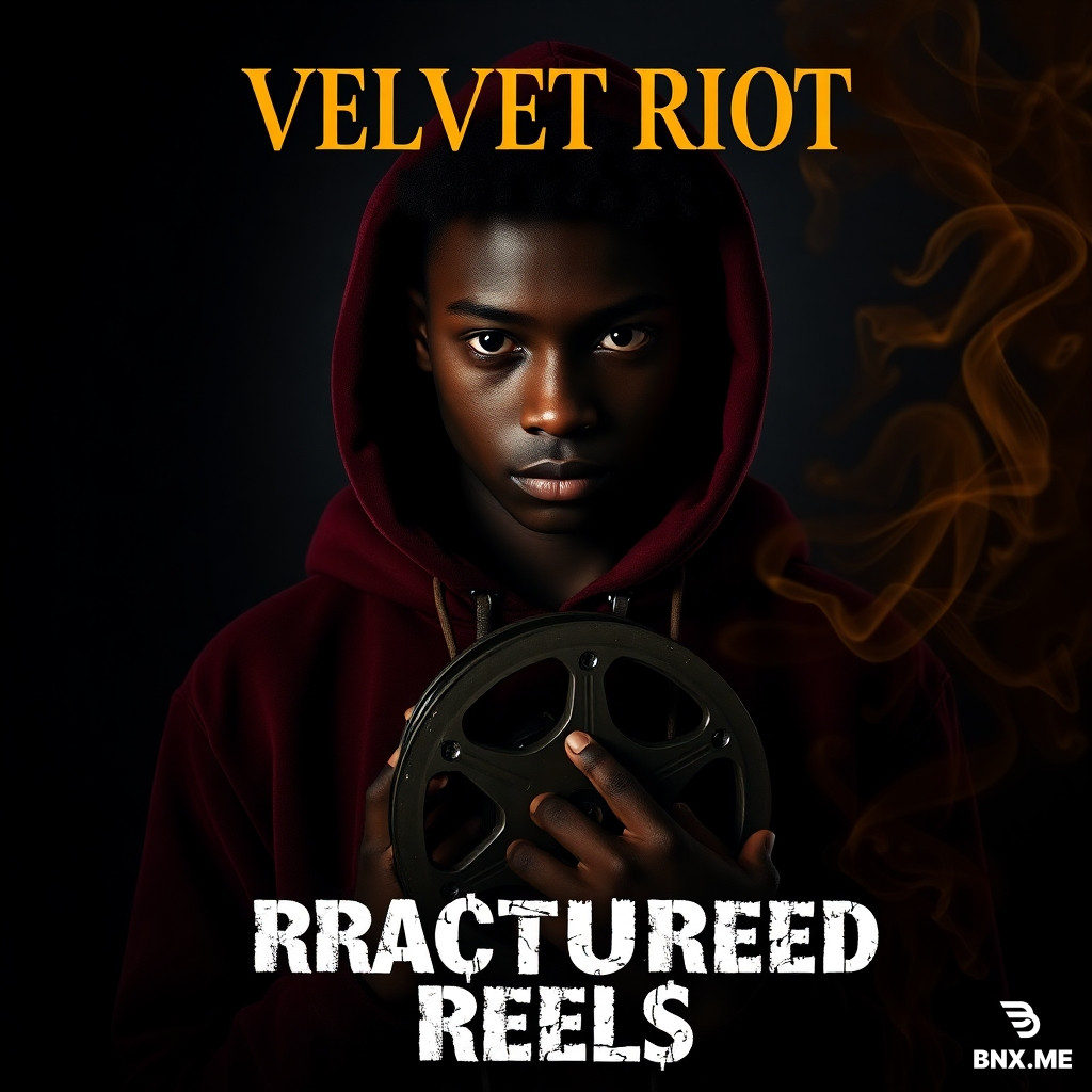 "Cinematic poster. A striking black teenager with dark skin, intense eyes, dramatic shadow on face, wearing a velvet burgundy hoodie. Standing in dim room with gold rim light. Holding a vintage film reel. Deep charcoal background. Gold smoke swirls. Moody, aesthetic, emotional. Text 'VELVET RIOT' in elegant gold serif font at top. Text 'FRACTURED REELS' in rough white grunge font underneath. 16:9 ratio. High detail, cinematic lighting, film grain." With no bnx me