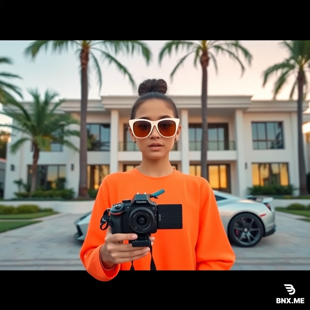 Vlogger screenshot from 2020, in front of a luxury villa. The young vlogger stands in front of a sprawling white villa, mid-sentence, holding a handheld camera. Palm trees sway gently in the background, and the large windows of the villa reflect the golden hour sunlight. The image quality is mediocre, with a slightly grainy resolution. The vlogger wears oversized sunglasses, and a neon-colored outfit, while an expensive sports car sits parked in the driveway behind her. The photo feels staged but casual, capturing a typical influencer moment.