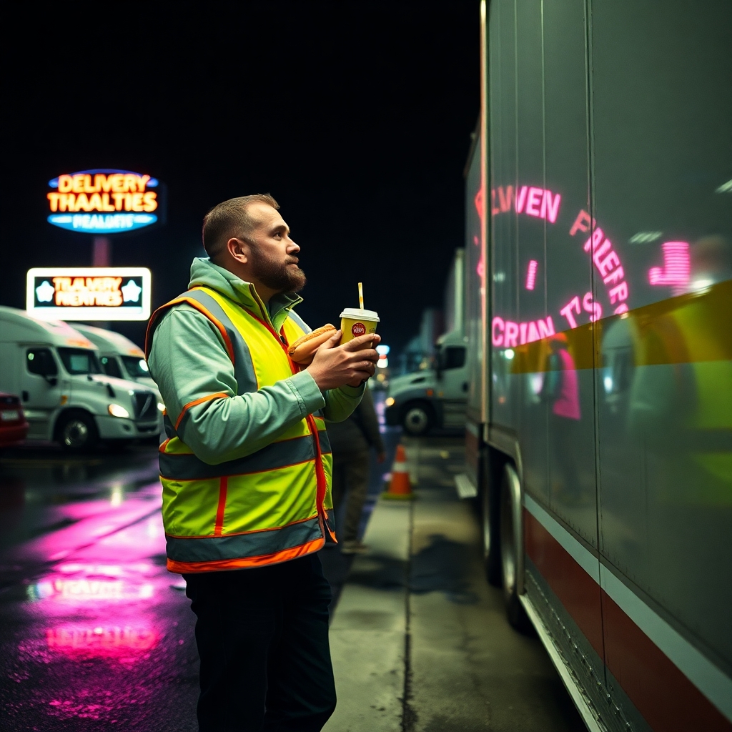 Grainy Snapchat photo from a gas station circa 2017. A delivery truck driver, in his high-visibility vest, leans against his truck while holding a hotdog and soda, looking off into the distance. The gas station is lit by neon lights, creating an eerie, fluorescent ambiance. The background shows a line of parked trucks and a few other travelers, all blurred by motion. The ground is wet from recent rain, reflecting the neon signs. The overall vibe is transient and tired, capturing a quick break on a long haul.