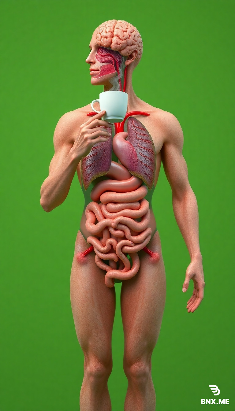 A hyper-realistic 3D cinematic anatomical illustration of a human figure standing against a pure, solid green background. The body has natural external skin, but the entire internal system — brain, lungs, heart, stomach, liver, and intestines — is fully exposed in surreal, medical-style detail. The person is holding a steaming cup of coffee near the lips, as if about to drink. Organs shimmer with natural gloss, precise anatomical textures, and subtle volumetric lighting.