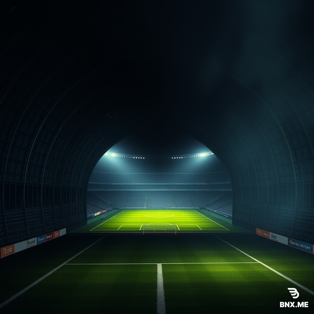 Cinematic wide banner for a football history YouTube channel, a dark stadium tunnel with a glowing light at the end, epic atmosphere, green pitch visible in the distance, dramatic lighting, photorealistic, highly detailed, 16:9 aspect ratio, NO TEXT, no letters.