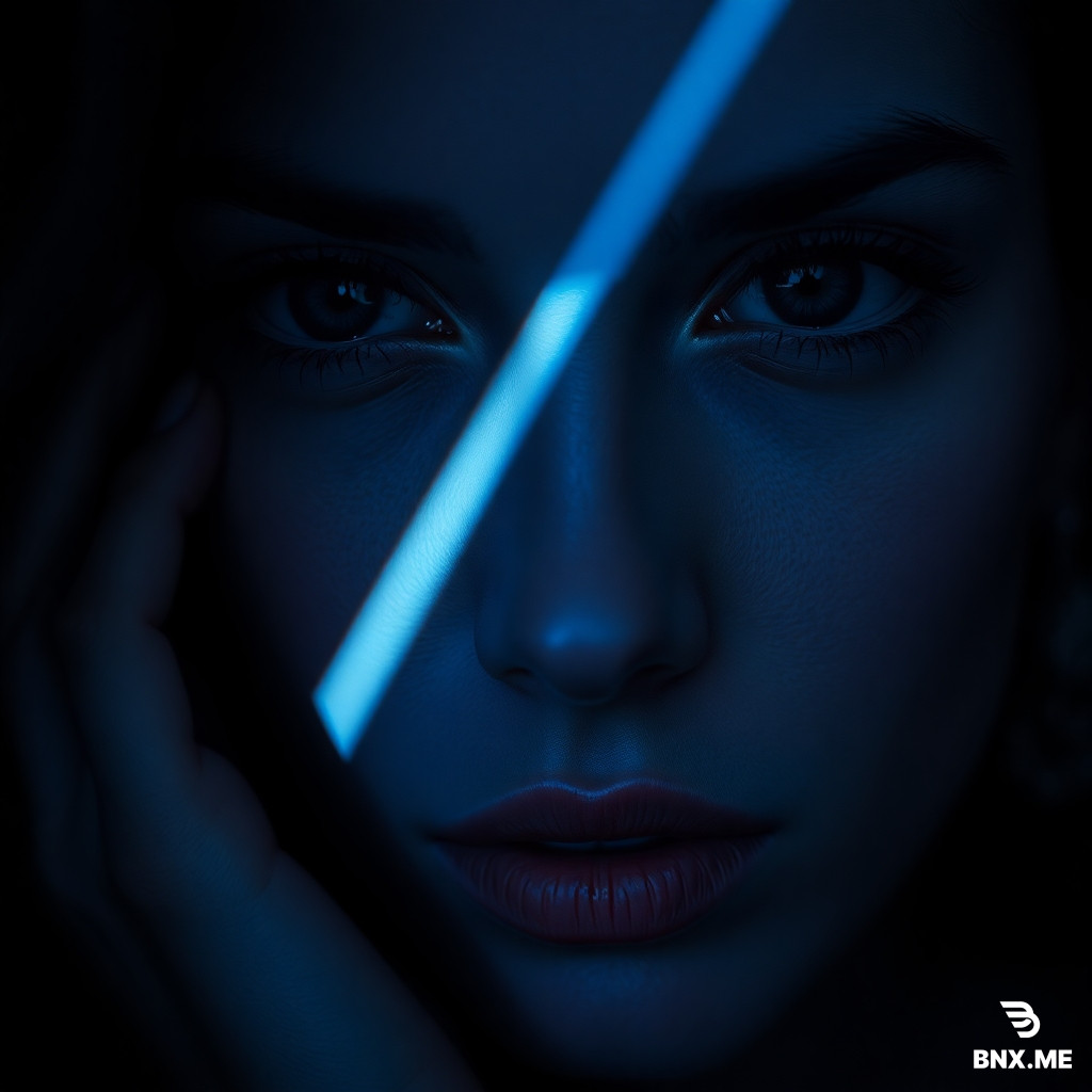 hyperrealistic close-up portrait, woman looking directly into camera, sharp cold blue light beam cutting across her face, deep black shadow on the other half, single tear or light reflection on cheek, dark elegant mood, high contrast lighting, cinematic, 35mm film, sharp focus on eyes, moody and haunting, --ar 1:1 --v 6