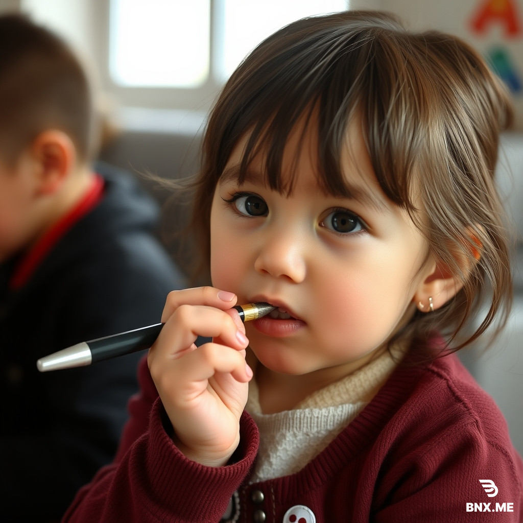 A little girl sucking a pen