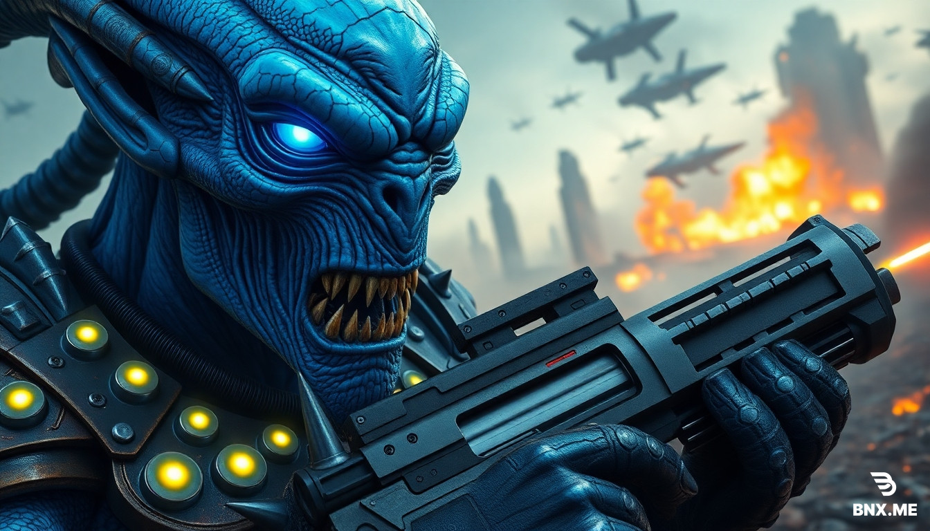 "A hyper-realistic, cinematic close-up of a menacing alien warlord with glowing blue eyes, textured blue skin covered in scars and bony ridges. His sharp fangs are bared in a snarl, and his face is covered in battle-worn metallic armor with intricate engravings, spikes, and glowing energy cores. The alien grips a massive, futuristic plasma rifle with glowing energy lines running along its surface. His massive shoulder armor is adorned with jagged spikes and battle damage. The background features a burning, war-torn battlefield with towering alien structures collapsing, fiery explosions, and human warships descending from the sky. Smoke and embers fill the air, creating an intense, chaotic atmosphere. The image is ultra-detailed, photorealistic, and cinematic with a dramatic lighting setup emphasizing the alien's textures and battle-worn look. The focus is sharp on the alien’s face and weapon, while the background is slightly blurred for depth, maintaining a 16:9 widescreen composition."