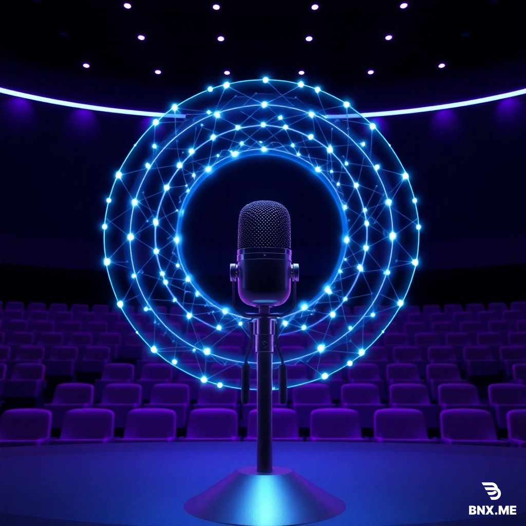 A minimalist 3D scene featuring a central glowing microphone. Emanating from the microphone are concentric, translucent soundwaves that transform into perfectly connected network nodes. The background is a dark auditorium with empty seats. Sleek, futuristic design, neon purple and blue lighting. --ar 1:1