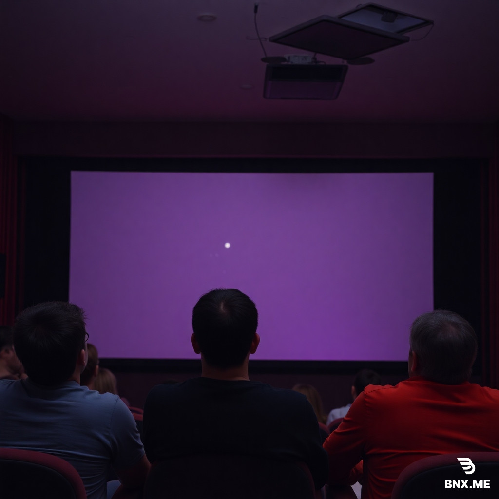 Broken down movie theater but a couple of people watching the screen while they are watching the broken projector screen