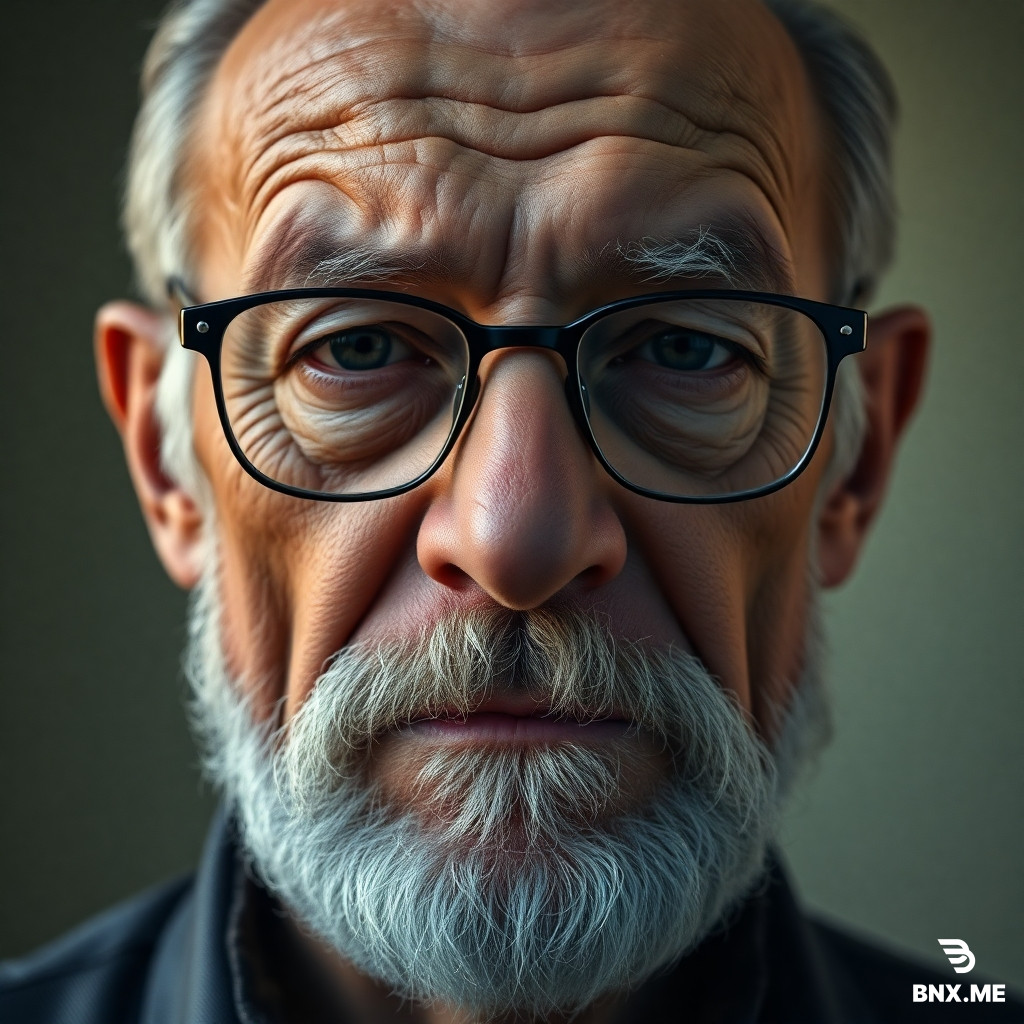 A realistic close-up portrait of an elderly man with deep wrinkles, a gray beard, and thick-rimmed glasses, neutral background, high resolution photography, cinematic lighting.