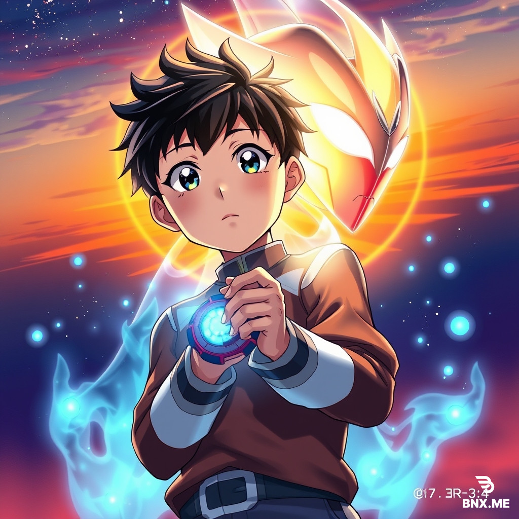 Prompt：Japanese light novel cover, anime illustration style. A young anime boy with a look of longing, holding the Evoltruster (Nexus transformation device) tightly in his hand, a giant translucent illusion of Ultraman Nexus appearing behind him. Background is a sunset glow fading into a starry night, blue light particles surrounding the boy. Vibrant colors, exquisite lighting, strong anime atmosphere. --ar 3:4