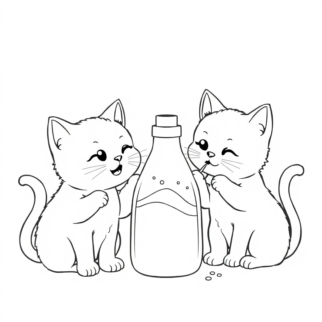 cute cozy kawaii cats, consistent character design, thick clean black outlines, bold and easy coloring book page, white background, black line art only, no grayscale, no shading, simple details, printable coloring page, centered composition, adorable expressions, cozy home atmosphere, Amazon KDP quality, One curious cat sniffing a detergent bottle while another tries to taste the white powder, thinking it's sugar.