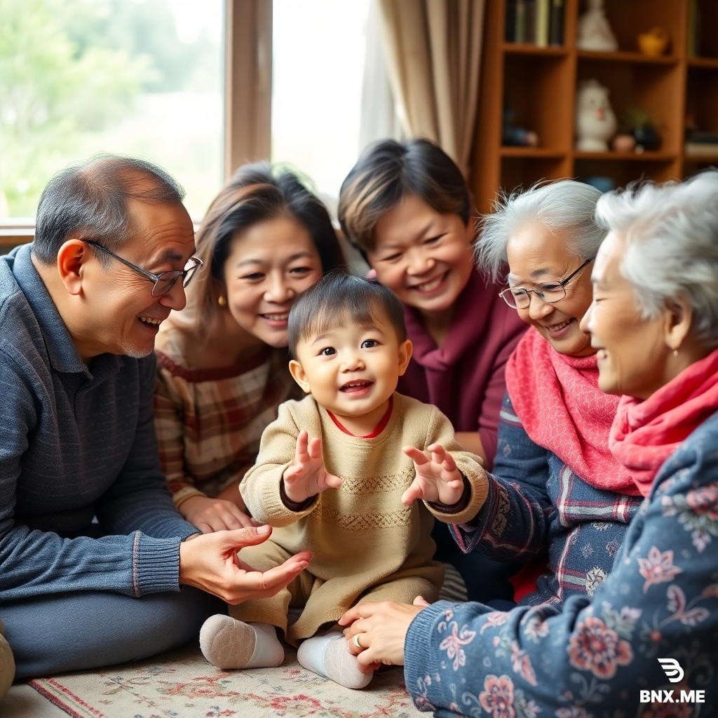 A deaf child being played with by her parents, grandparents, and great-grandparents.(مؤنث)