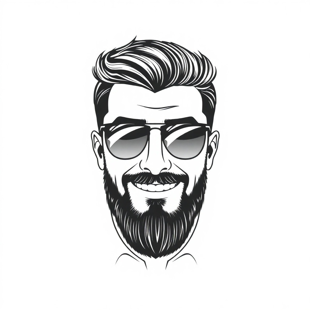 Stilizzata, bianco e nero, primo piano di un uomo sorridente, barba curata a punta, occhiali stile Ray-Ban (montatura sottile, lenti trasparenti, non da sole). Tratto minimale e pulito, linee nette, senza sfondo o sfondo neutro, illustrazione vettoriale, disegno in bianco e nero ad alto contrasto