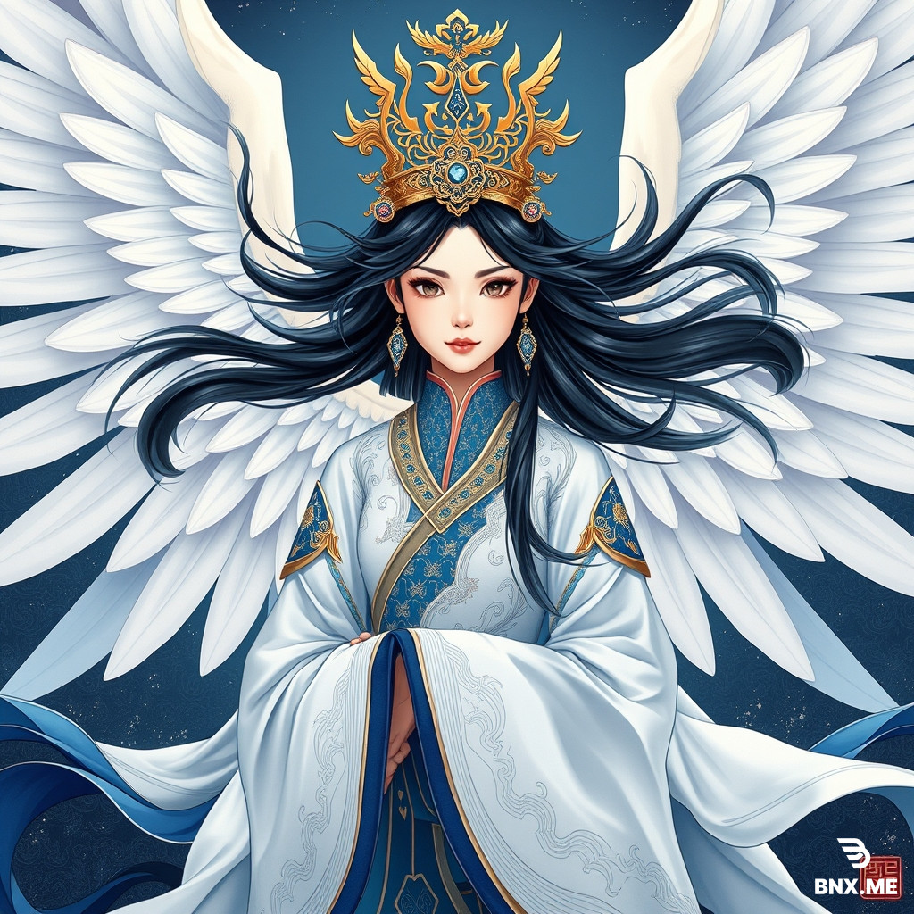 Epic‑level national‑chao new‑Chinese‑style illustration, theme of Jingwei from Shan Hai Jing (Classic of Mountains and Seas). At the center of the frame stands Jingwei, an oriental demigoddess. She has a young‑girl visage with exquisite oriental facial features, gentle yet resolute eyes, fair cool‑toned skin, and refined eye makeup. Her long jet‑black hair flies wildly in the wind with abundant, layered fine strands. She wears an ornate hollow‑out golden phoenix‑pattern crown inlaid with tiny sapphire‑blue gemstones. Behind her unfurls a pair of enormous, majestic pure‑white divine bird wings; every feather is distinctly rendered with gilded trim along the edges, and the wings stretch wide open toward both sides of the composition.  The goddess wears an elaborate ancient‑Chinese wide‑sleeve long gown dominated by deep cobalt blue, cerulean and moon‑white with fluid large‑scale color gradients. Robes and hems billow wildly in gales and ocean waves with lifelike fabric folds. The costume is covered in intricate interlacing cloud motifs all outlined in hot‑stamped gilding with metallic golden luster; sections of the skirt are translucent and sheer. Stretching forward with her right hand, the goddess holds a round, translucent crimson divine stone etched with flowing golden light patterns.  Beneath her and across the background surges a colossal swirling vortex of teal‑blue seawater. Giant circling billows coil and spiral with abundant foam and mist. Ocean waves adopt traditional Chinese scroll‑grass water patterns, every wave crest outlined in gilded lines. In the distance stand several steep, stern gray‑green jagged mountain peaks accented by golden ornamentation within rock crevices. Wispy mist drifts high above beneath a deep indigo night sky dotted with faint starlight.  The overall background base is profound jet‑black, which maximizes visual contrast for hues of blue, white, gilded gold and crimson. Luxurious visual tension is achieved with abundant golden lines, hot‑stamped foil texture and fine sparkling gold‑leaf particles. Ornate traditional Chinese decorative patterns permeate the whole artwork. It delivers grand narrative atmosphere with solemn, romantic mythological sentiment. Cinematic soft lighting and volumetric shading create rich depth. Exquisite ultra‑high detail is applied to hair strands, feathers, garment creases and wave textures. 8K ultra‑high‑definition resolution with sophisticated color saturation. No cartoon or anime stylization; reject flat graphic style. Heavy‑paint illustration, digital Chinese‑style painting.