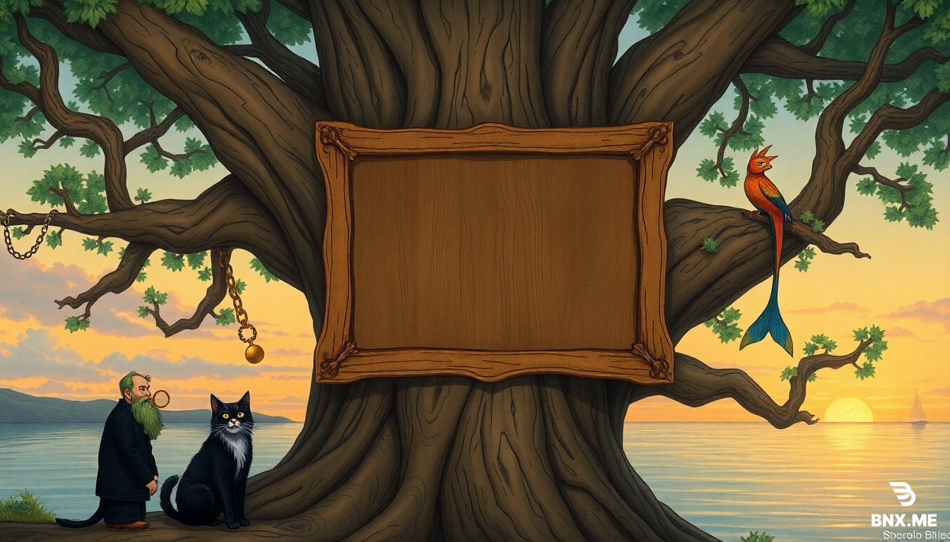 A fantasy book illustration in Ivan Bilibin style. One enormous ancient oak, baobab-like, single solid trunk, no double tree. On the trunk, one large empty wooden board with carved frame, strictly square shape. One chain. At the base, one black cat with a golden monocle, scholarly. On the left, one Leshy peeks, green beard. On the right branch, one Rusalka with a fish tail sits. Background: calm bay, sunset. No duplicate characters, no extra people, no text. Highly detailed, atmospheric.