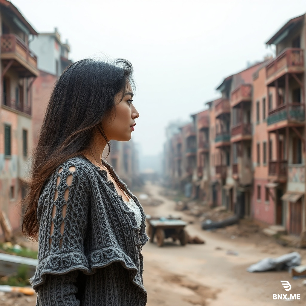 Image Creation: A woman interprets and acts out the story, like a movie script.  ※Environmental Background and Atmosphere: A deserted village: Tianjin Yujiapu Financial District (Tianjin): Aimed at creating a "Chinese version of Manhattan," it has become a huge "ghost town" due to overly advanced construction and long-term vacancy. Although some areas have begun development, there are still many vacant buildings.  ※Close-up shot showing her profile.  This woman is wearing Women's Knitted Cardigan With Hollow Out & Frill Edge, Women's Lace Body Stockings.  ※Story Content: Tarot card prophet Zhao Wenjia said in April 18, 2022 (Western calendar): 2026, the Year of the Horse, is the Sun card, the Sun God Donghua Dijun arrives. It shows a greater explosion, everything comes out. The influence is greater. It is very likely to leap onto the international stage.  Zhao Wenjia continued: Drawing the King of Pentacles in 2023 is already very good, enough warm-up. In 2024, I drew the Emperor card with an incredibly powerful aura, and I stood strong. Adding the Sun card in 2026, I rose again. The power was truly immense. The entire run was incredibly smooth, heading straight for the top. Absolutely brilliant! In 2026 and 2027, we will definitely see the true face of the Eastern Sage, the treasure mountain revealed. These past few years have been truly spectacular.