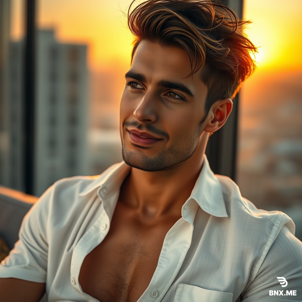 Portrait of a fit Persian man with fair skin, late 20s, clean-shaven or light stubble, sharp cheekbones, wearing an unbuttoned white linen shirt showing sitting in a modern luxury apartment during golden hour sunset, warm orange sunlight hitting his face, natural confident smirk, messy windswept hair, looking away from the camera with a subtle flirtatious side-eye, soft focus background, editorial GQ magazine style, realistic, 4k, ultra detailed --ar phone size
