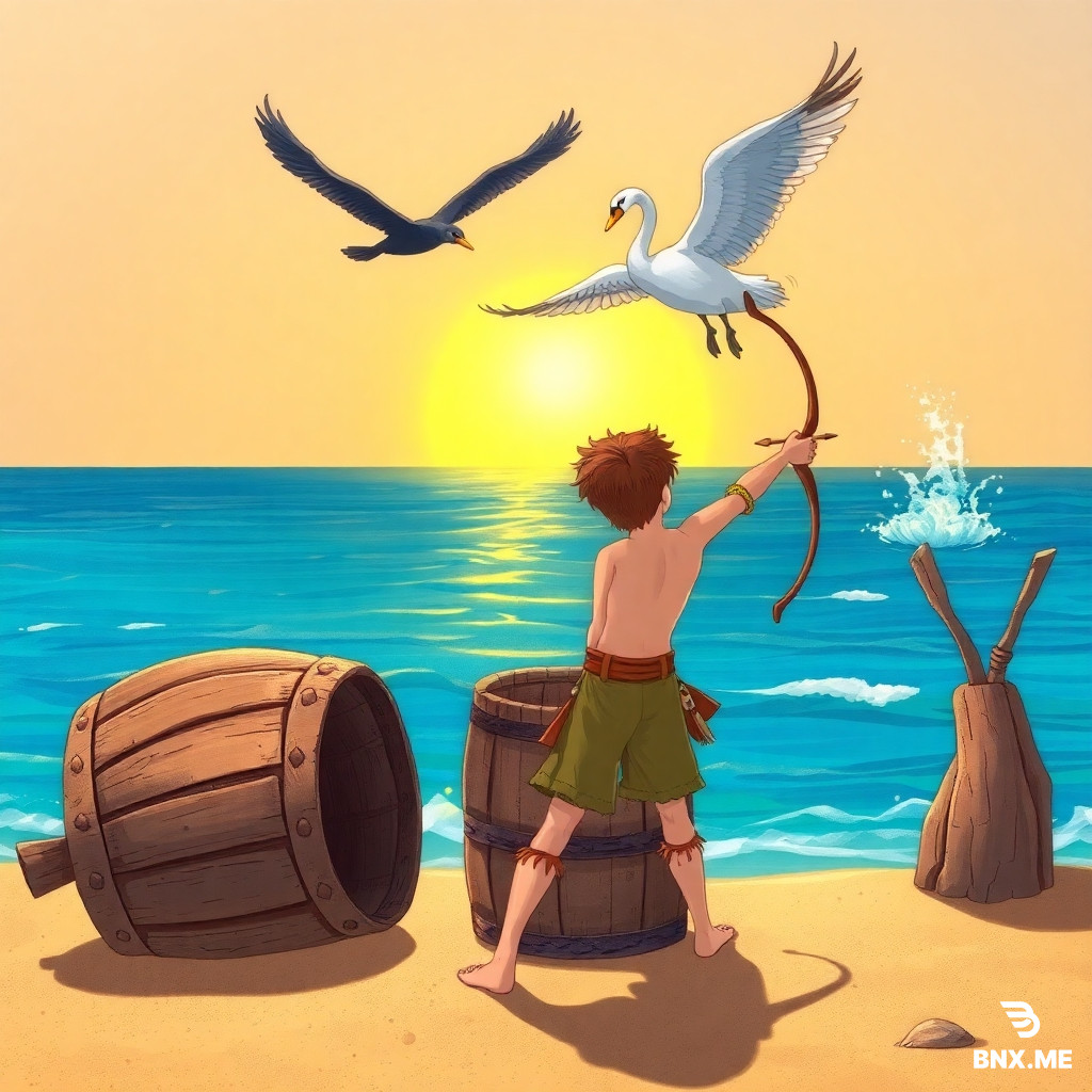 A colorful fairytale illustration. On a sandy shore by a bright blue sea, a massive broken wooden barrel, empty, bottom missing, lies near the water. Nearby, a young prince with bare chest, torn trousers, aims a handmade wooden bow with a sharp wooden arrow at a large black kite bird. Above the sea, the black kite fights a beautiful white swan in mid-air, wings spread, water splashing. Sky is clear, sunset colors. No city, no trees, no other people, no extra objects.