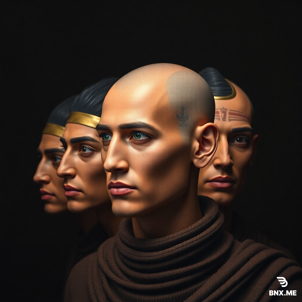 Create a single dark canvas with direct frontal studio lighting. Place exactly ten completely different Egyptian elite shock infantry warriors on it. Strict prohibition on any repetitions: each warrior must have unique facial features, nose shape, eyes, lips, cheekbones, hairstyle, eye color, presence and location of scars and tattoos. Each warrior is a separate individual with no single detail in common with others.  Below are strict, mandatory parameters for each of the ten warriors. They must be followed without exception:  1. Elongated narrow face, aquiline nose, deep-set gray eyes, shaved head, scar through the left eyebrow, head turned to the right. 2. Round wide face, snub nose, large brown eyes, short wavy black hair, scarab tattoo on the right cheek, looking straight ahead. 3. Oval face, straight thin nose, green eyes, long straight hair tied in a ponytail, no scars, head tilted to the left. 4. Square face with prominent cheekbones, blue eyes, shaved temples with a long lock on the crown, scar on the chin, looking upward. 5. Diamond-shaped face, small neat nose, amber eyes, slightly wavy shoulder-length hair, Eye of Horus tattoo on the left shoulder, head straight. 6. Triangular face, pointed chin, dark brown eyes, short "hedgehog" haircut, large scar on the right cheekbone, head turned to the right. 7. Trapezoidal face, wide nose with a slight bridge curve, gray-green eyes, long straight shoulder-length hair, Ankh tattoo on the neck, looking down. 8. Heart-shaped face, thin lips, brown eyes, mohawk (shaved temples + narrow strip of hair), scar on the bridge of the nose, head turned to the left. 9. Pear-shaped face, full lips, golden-brown eyes, thick wavy chin-length hair, no scars, looking straight ahead. 10. Massive face, large features, dark brown eyes, shaved head, deep scar across the entire right cheek, head tilted forward.  All warriors wear identical equipment: a classic Egyptian helmet with side flaps and a uraeus (ceremonial beard), an anatomical plate armor made of bronze and copper with gold inlays, segmented shoulder pads and bracers, a wide belt with metal plates, a shendyt (loincloth) with front and back aprons, greaves, and sandals. Along the edges of the plates — fine inlay with lapis lazuli, malachite, and turquoise.  Composition: warriors 1–5 stand front-facing (facing the viewer) and hold one khopesh sword in each hand. Warriors 6–10 stand with their backs to the viewer (rear view) and have no weapons.  Khopesh — strict geometry: a straight blade from the hilt 30–40 cm long, then a smooth forward curve into an arc, at the end — an expansion to both sides with an inner hook-point. The outer arc is sharpened, the inner arc is thickened. Metal is dark bronze with a golden tint, without glows.  Background — dark, uniform, without holograms, inscriptions, or steles. Lighting — strictly frontal, soft shadows.  Style — alternative antiquity (Egypt, 330 BC, own high-tech evolution: improved alloys, movable armor joints, but without electricity, plastic, and space elements). 100% cultural recognizability, no clones, all warriors must be individual.