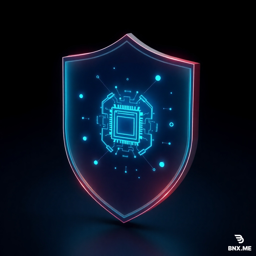 3D isometric glowing cyber shield with central AI microchip, floating encrypted binary particles, dark navy gradient background, minimalist high-tech logo design, 8k, octane render, studio lighting --ar 1:1