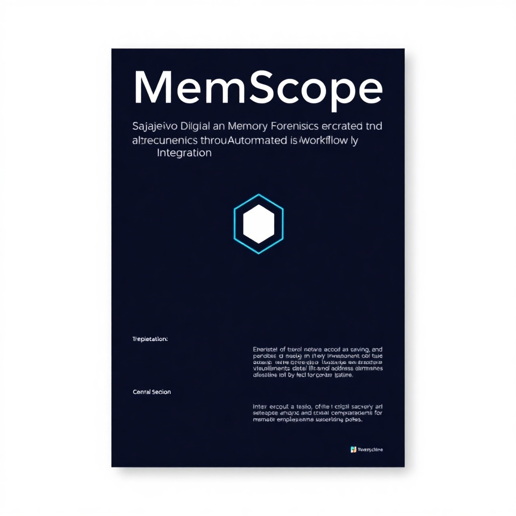Act as a professional UI/UX designer. Design a vertical poster (2:3 aspect ratio) for a computer science research project titled "MemScope: Enhancing Digital Memory Forensics Through Automated Workflow Integration."  Style requirements: - Minimalist, modern, typography-focused - Dark theme (deep charcoal #1A1A1A or navy #0A1128) - Accent color: electric cyan (#00F0FF) or neon blue - Generous negative space, clean grid system - No paragraphs of text — only keywords, short phrases, icons, and data-visualization-like abstract elements - Use geometric shapes, thin lines, subtle hex patterns, or memory-address abstractions as decorative elements - Sans-serif fonts only (Inter, Helvetica Neue, SF Pro — feel like a tech conference poster)  Layout (vertical flow, top to bottom):  Header section (top 20%): - "Sarajevo School of Science and Technology" (small, light gray, uppercase tracking) - "Department of Computer Science" (small, light gray) - Main title "MEMScope" (large, bold, accent color) - Subtitle: "Enhancing Digital Memory Forensics Through Automated Workflow Integration" (thin, white, single line max) - "Second Progress Report | 2026" (small, accent underline)  Middle section (60%): A central abstract graphic representing memory forensics workflow — stylized as three connected nodes or a vertical flow: ACQUISITION → ANALYSIS → INTEGRITY. Use thin glowing lines connecting them. Add subtle "memory dump" visualization (bars, hex digits fading to organized data). Around this graphic, place small keyword clusters: - Left side: "WinPMEM · LiME · Volatility3" - Right side: "Cross-platform · Automated hashing · Case tracking" Bottom of middle section: two lines — "Fileless malware detection" and "Reduced memory footprint" (with small checkmark icons)  Footer section (bottom 20%): - Horizontal divider line - "Mentor: Zanin Vejzović" - "Student: Adna Jašarević" - Year "2026" centered at very bottom  Overall: The poster must feel like a high-end UI design — balanced, spaced, with clear visual hierarchy. No clutter. No stock photos. Only abstract/geometric data visuals.