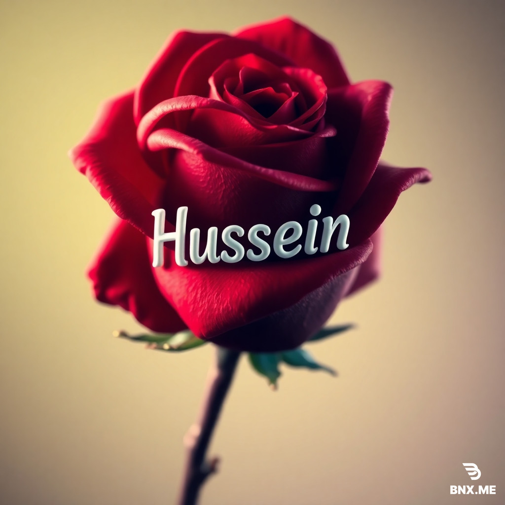 Make me a picture of a rose that is red and has the name Hussein on it.
