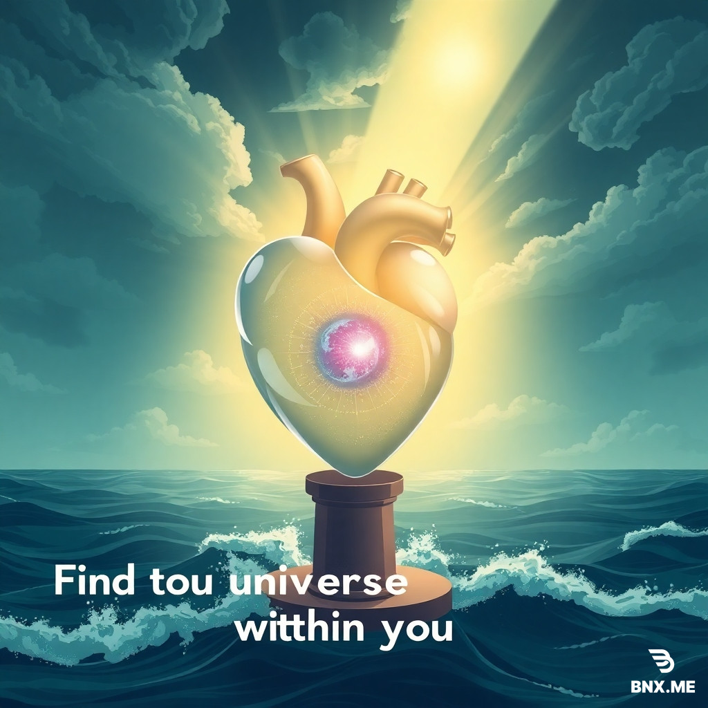 An illustration of a human heart made of translucent glass, standing on a pedestal amidst a stormy sea. Rays of sunlight pierce the clouds, illuminating the heart, revealing a tiny universe within. The quote 'Find the universe within you' is etched in bold letters across the horizon.