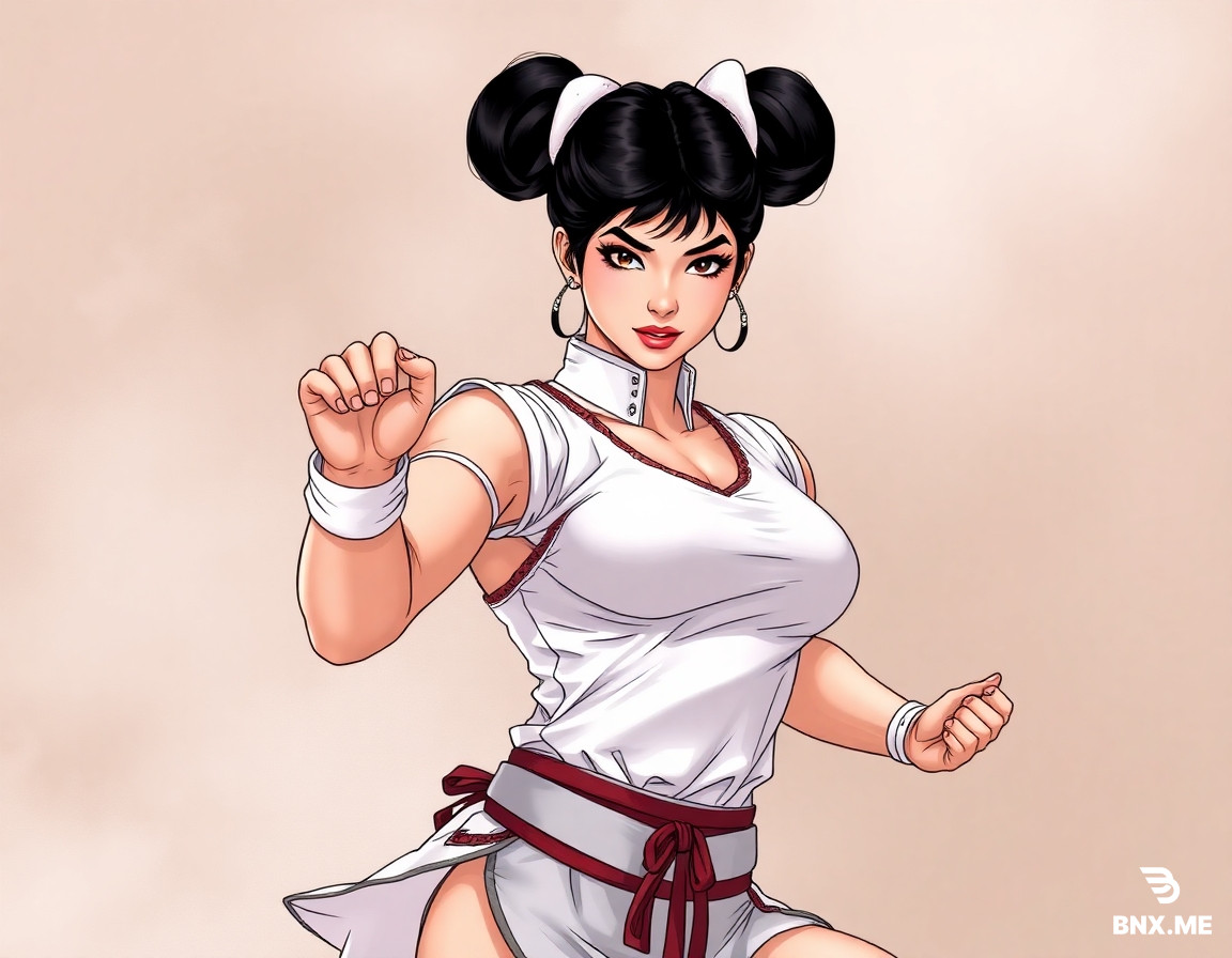 Chun-Li, Source: Street Fighter, Double bun hairstyle, White bun cover, Thick thighs, Huge thighs, Broad and large shoulders,