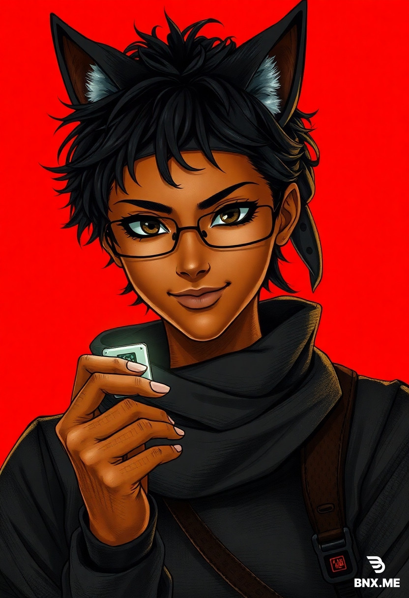 Vertical 2:3 aspect ratio framed for an NWN portrait. A dark-skinned Cat-Folk female thief with warm bronze skin. Completely human face, no human ears. Short, messy curly black hair tied in a bandana with dark, twitching cat ears poking out. Deep charcoal mask paint is across her eyes. No glasses. Sleek, dark streetwear with an oversized collar, flashing a quick, confident smirk while holding a glowing data chip. Cautious yet playful vibe. Rendered in Ryoma Ito / Final Fantasy X‑2 promotional illustration style — early‑2000s Japanese RPG concept art. Highly polished, high‑contrast composition with sepia and chocolate brown ink linework, dense colored pencil cross‑hatching, stippling, and textured marker washes. Skin tones rich and warm; highlights sharp and glossy. Dynamic overlapping character poses with dramatic spotlight lighting against a flat crimson background.