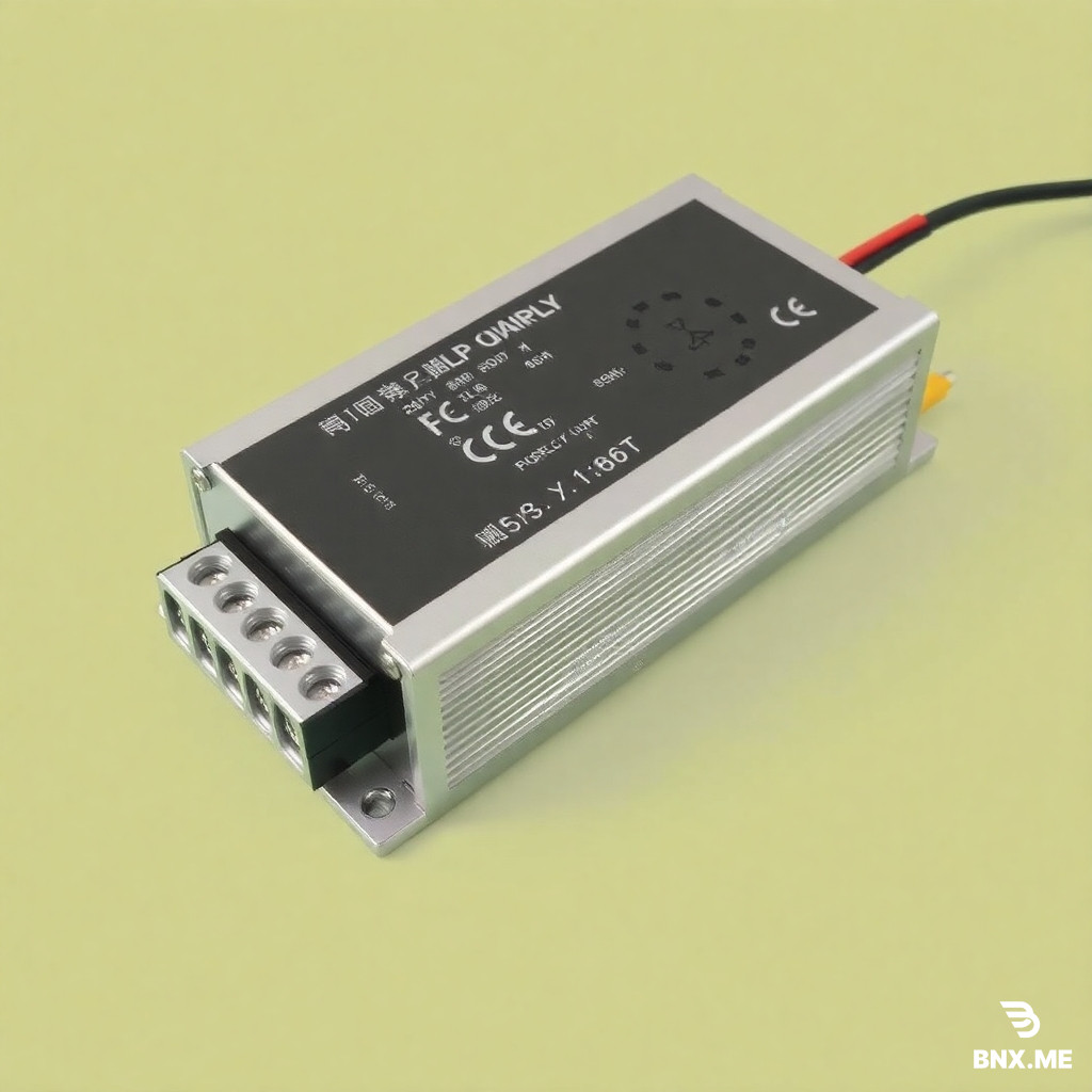 中央开关电源，标有技术规格；认证标志（CE，ROHS）；青色箭头指示电源流向及功能亮点；插图显示伺服驱动系统；插图显示家庭智能控制箱；插图显示弱电综合配线箱；文字标签“din rail power supply 45w”，“24V 2A | 高效率”，“工业自动化控制”；背景从深灰渐变至浅蓝；干净的无衬线字体；产品外壳表面质感光滑；以蓝色、白色、灰色和青色为主的冷色调。不改变产品的样子